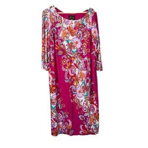 Bob Mackie Printed Jersey Long Dress Pink Wearable Art Floral Stretch Size 1X